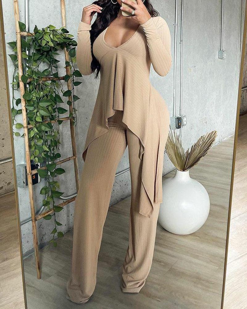 

Ribbed Long Sleeve Asymmetrical Top & Pants Set, Khaki