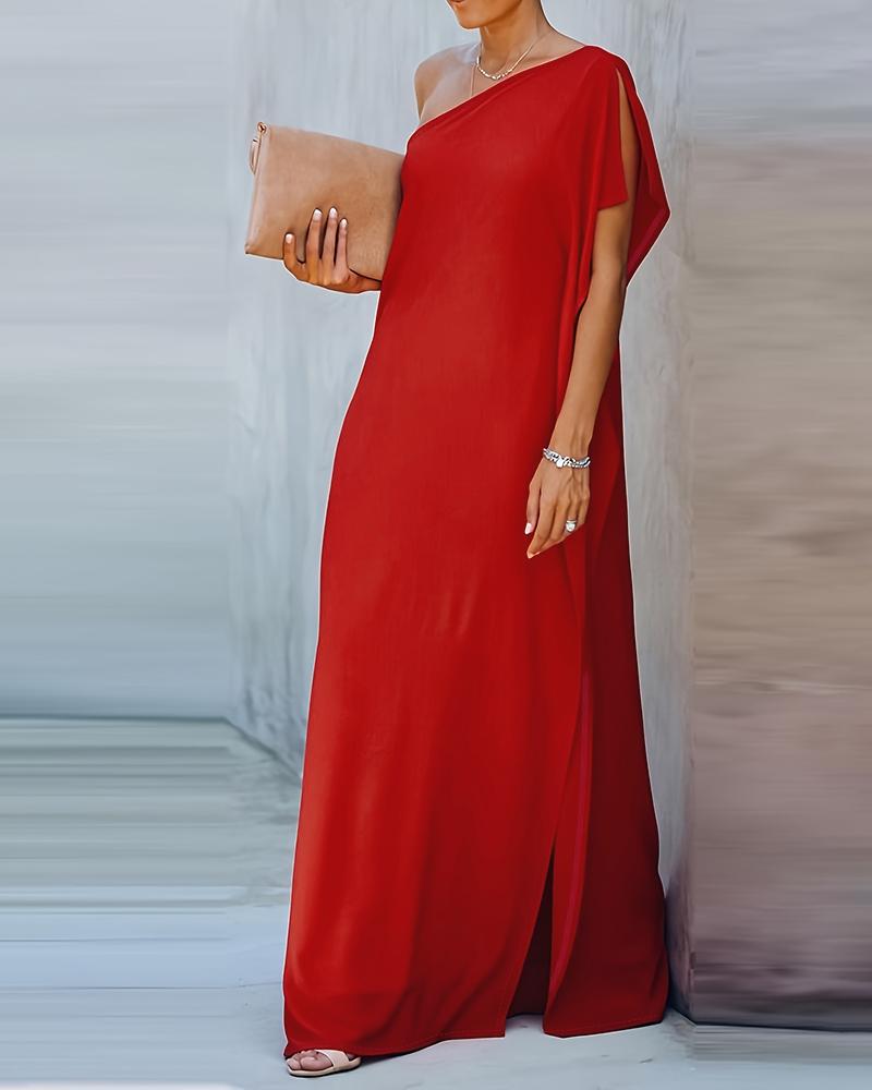 

One Shoulder Slit Short Sleeve Maxi Dress, Red