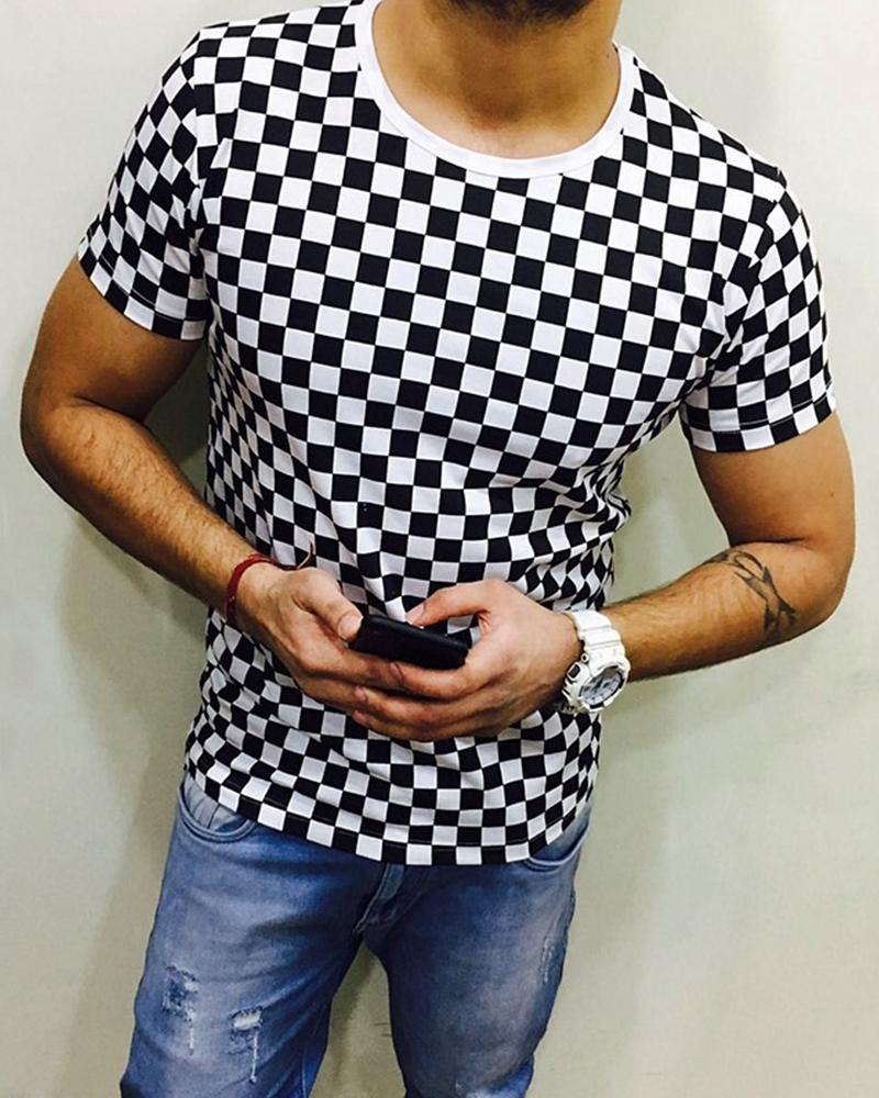 

Color Block Plaid Short Sleeve T-shirt, White