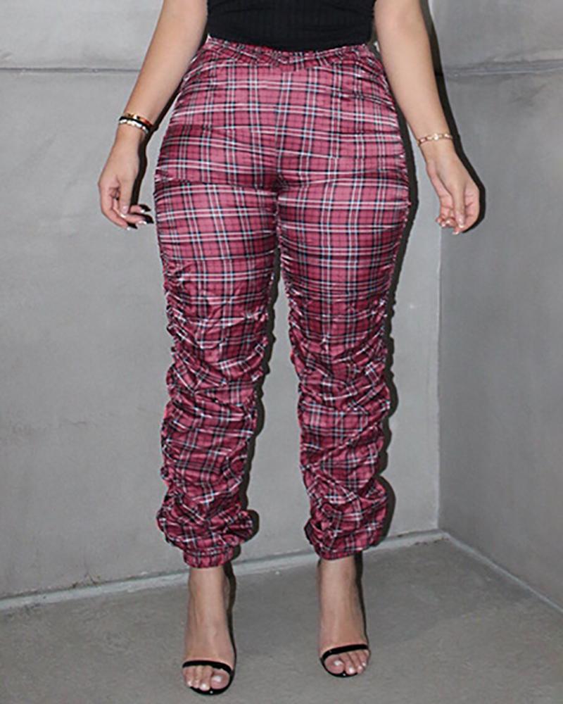 

Ruched Plaid Print High Waist Pants, Red