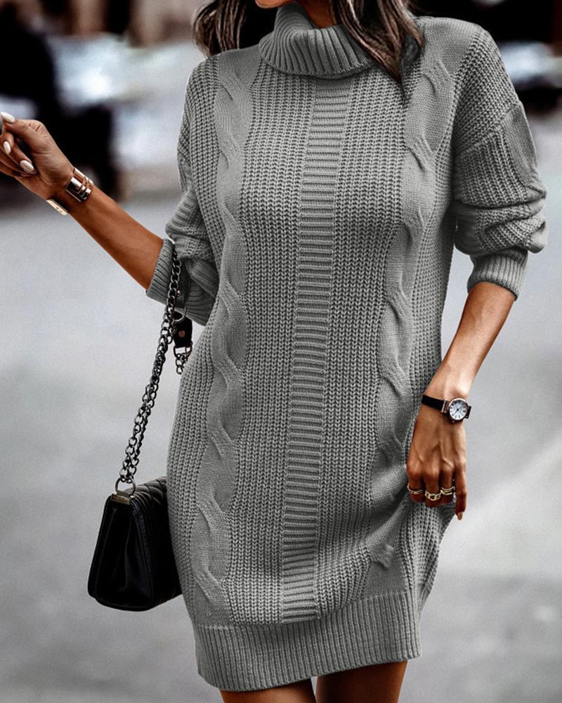 

High Neck Long Sleeve Casual Dress, Gray