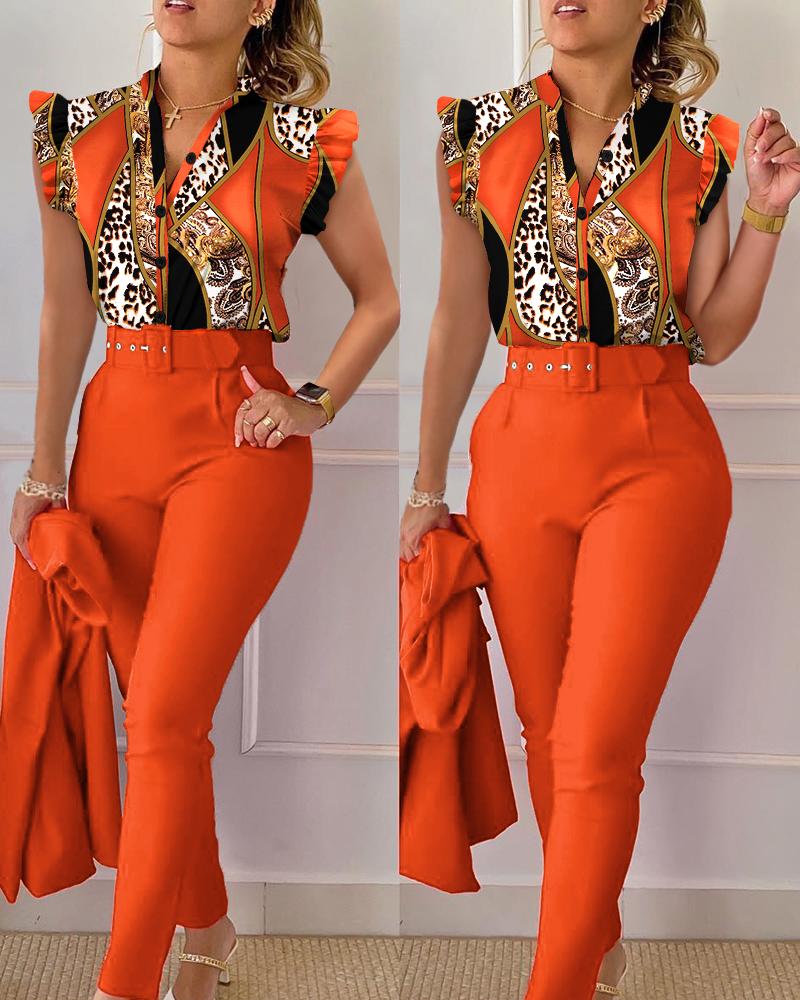 

Baroque Leopard Print Flutter Sleeve Top & Pants Set, Orange