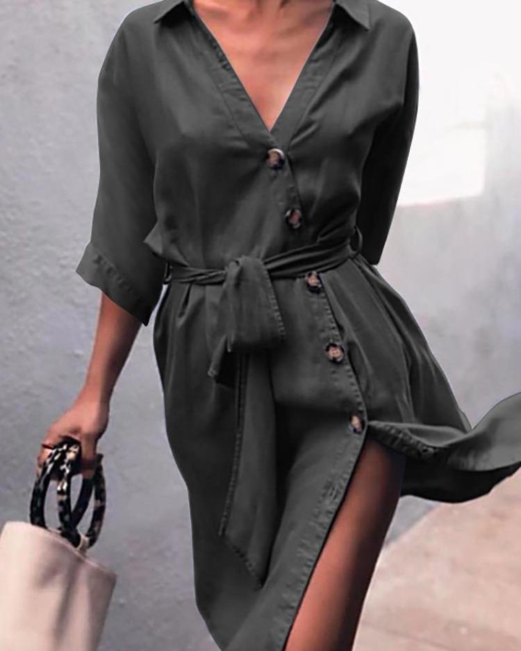 

Button Design Tied Waist Denim Shirt Dress, Black