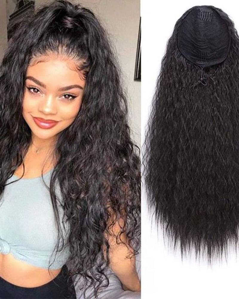

22 Inches Long Corn Curly Wave Drawstring Synthetic High Puff Ponytail Hair Pieces With Comb Clip, Black