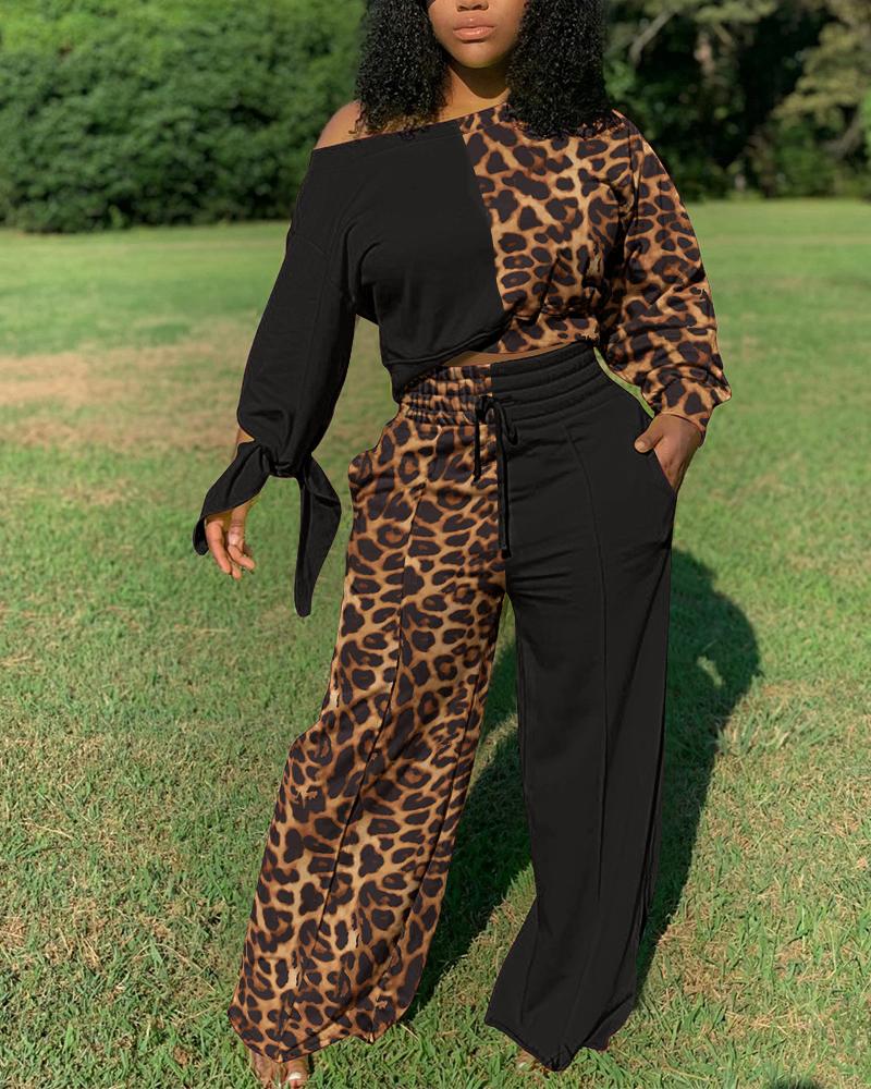 

Cheetah Print Colorblock Tied Detail Top & Drawstring Pants Set, Leopard