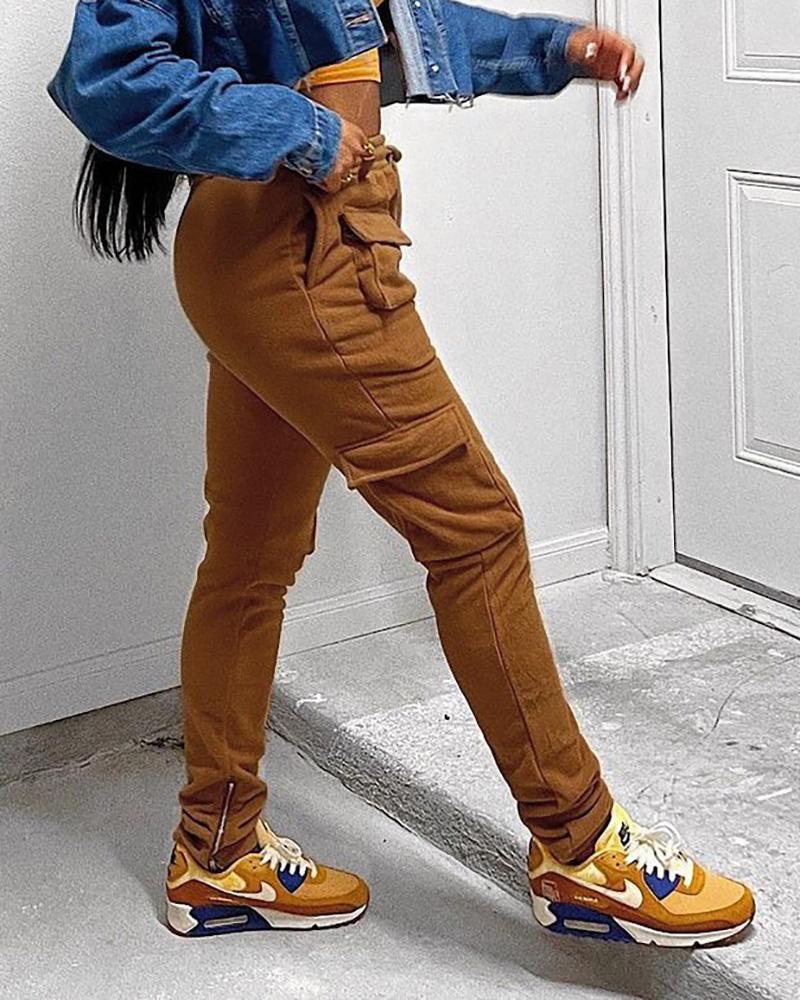 

High Waist Pocket Zipper Design Cargo Pants, Brown