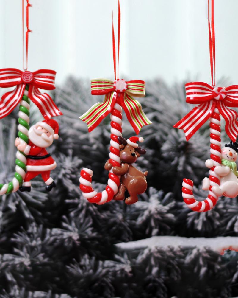 

3pcs Christmas Tree Ornaments Santa Snowman Elk Candy Cane Hanging Decorations Set, Red