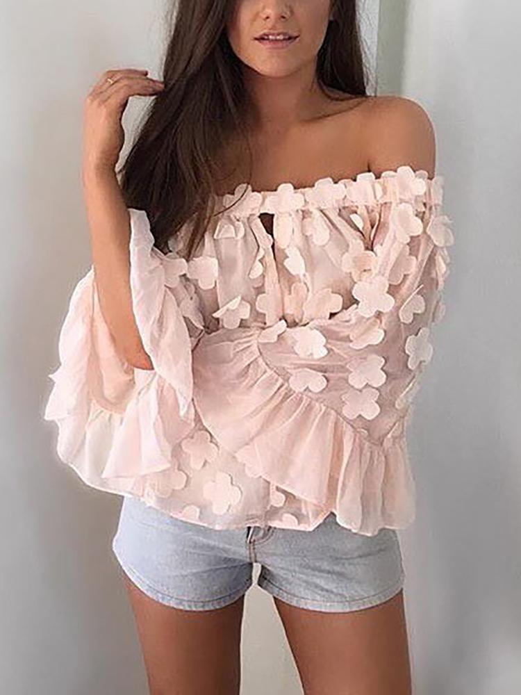 

Stylish Off Shoulder Flared Splicing Blouse, Pink