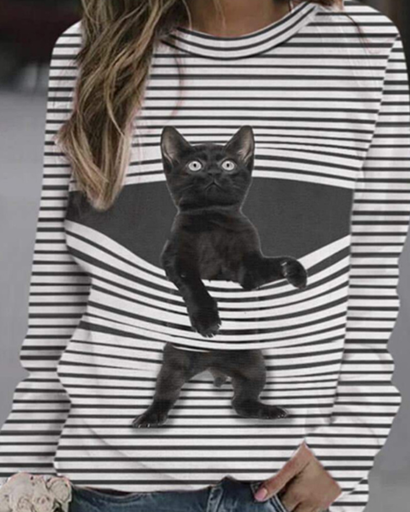 

Women's T-shirt Cat Striped 3D Print Round Neck Basic Tops, Gray