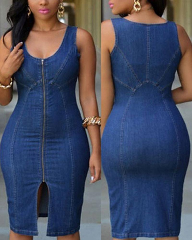 

Sleeveless Zipper Detail Denim Dress, Blue