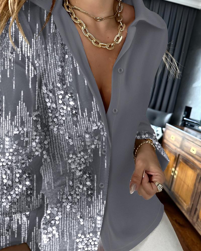 

Buttoned Contrast Sequin Long Sleeve Top, Gray