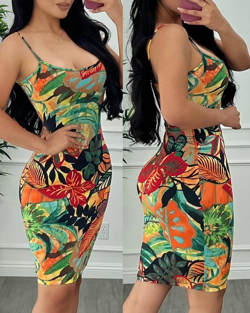 

Tropical Print Spaghetti Strap Bodycon Dress, Multicolor