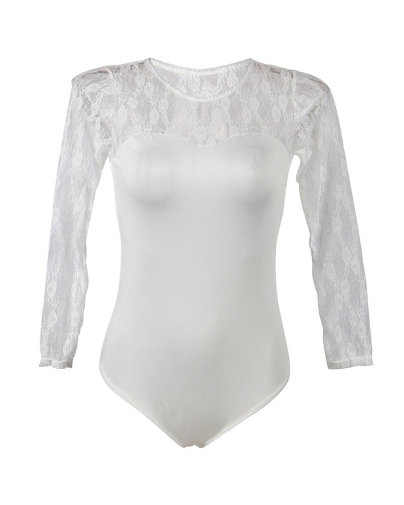 

Plus Size Crochet Lace Long Sleeve Teddy, White