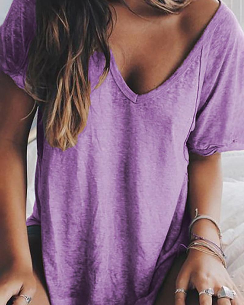 

Plain V-Neck Short Sleeve T-shirt, Purple