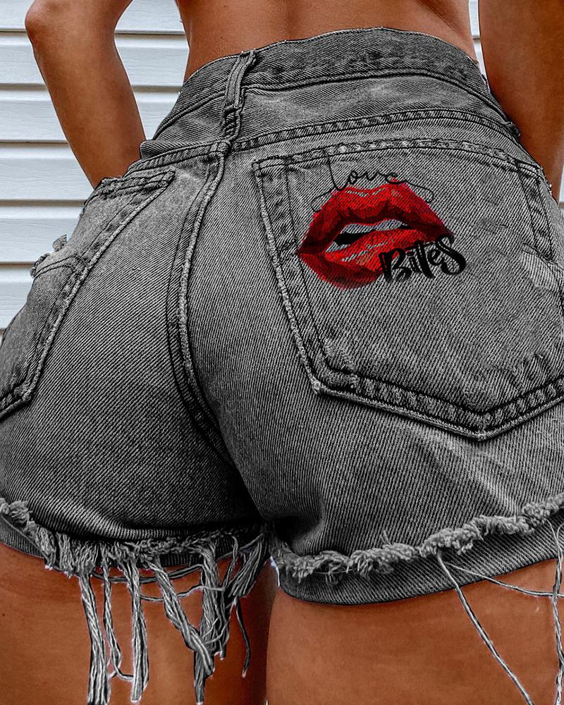 

Lip Letter Print Fringe Denim Shorts, Gray