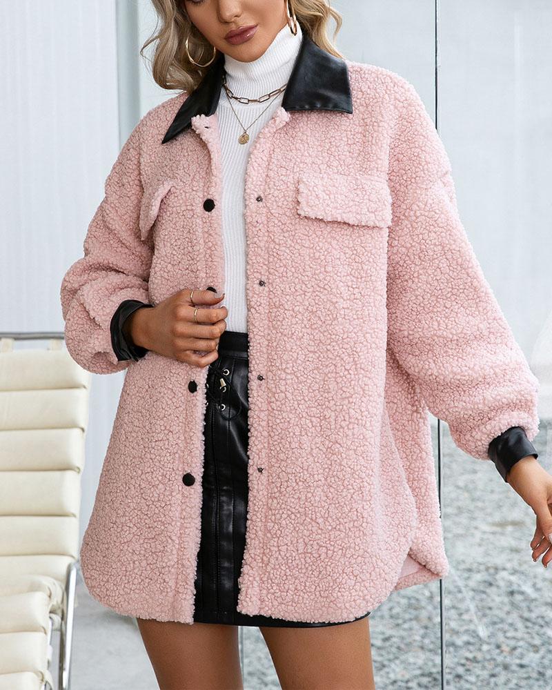 

PU Leather Patch Button Front Teddy Shacket, Pink
