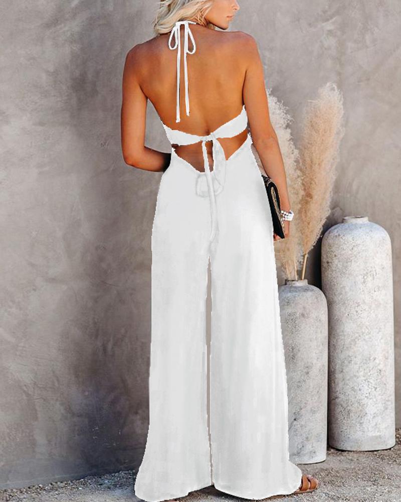 

Backless Halter Wide Leg Jumpsuit, White