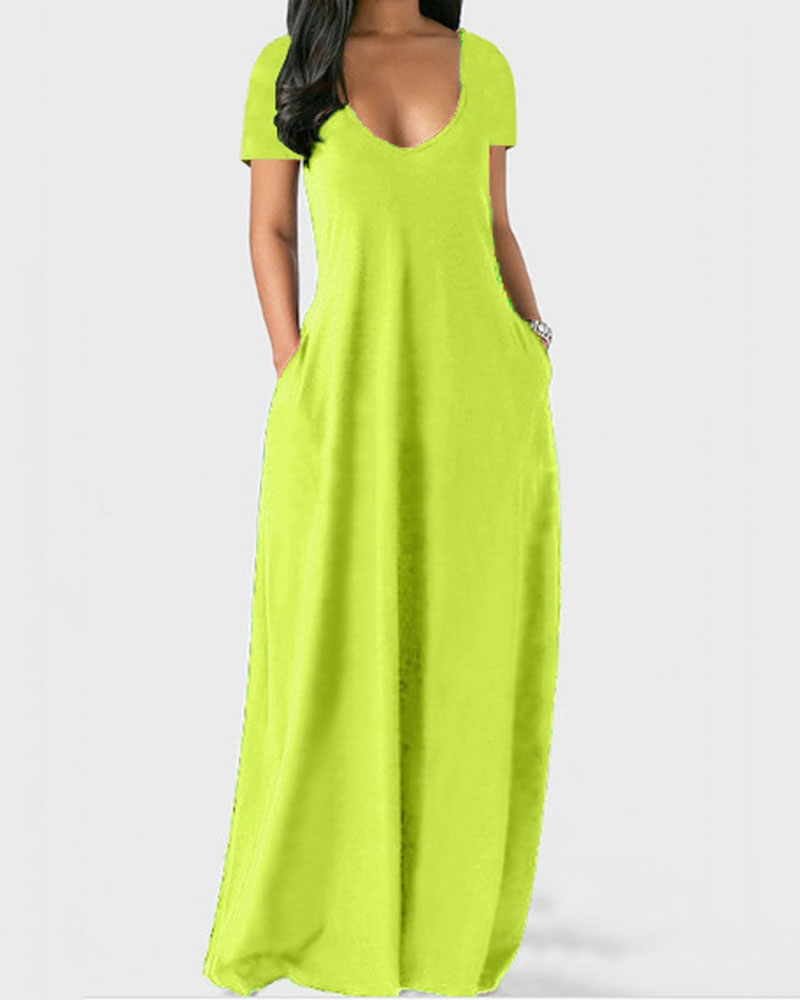 

Short Sleeve V-Neck Casual Maxi Dress, Green