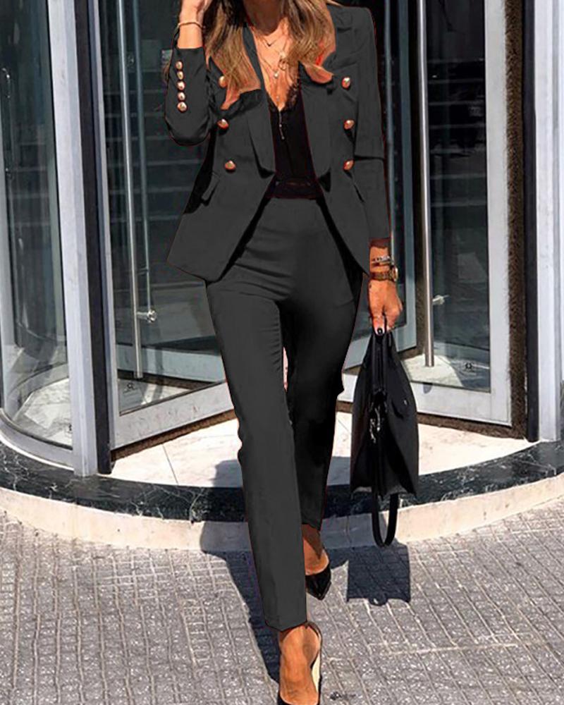 

Long Sleeve Shawl Collar Double Breasted Blazer & Pants Set, Black