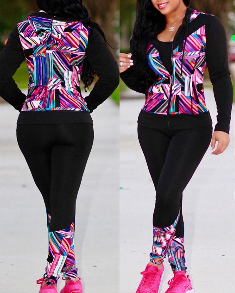 

Geometric Print Long Sleeve Hooded Zip Up Top & Pants Set, Black