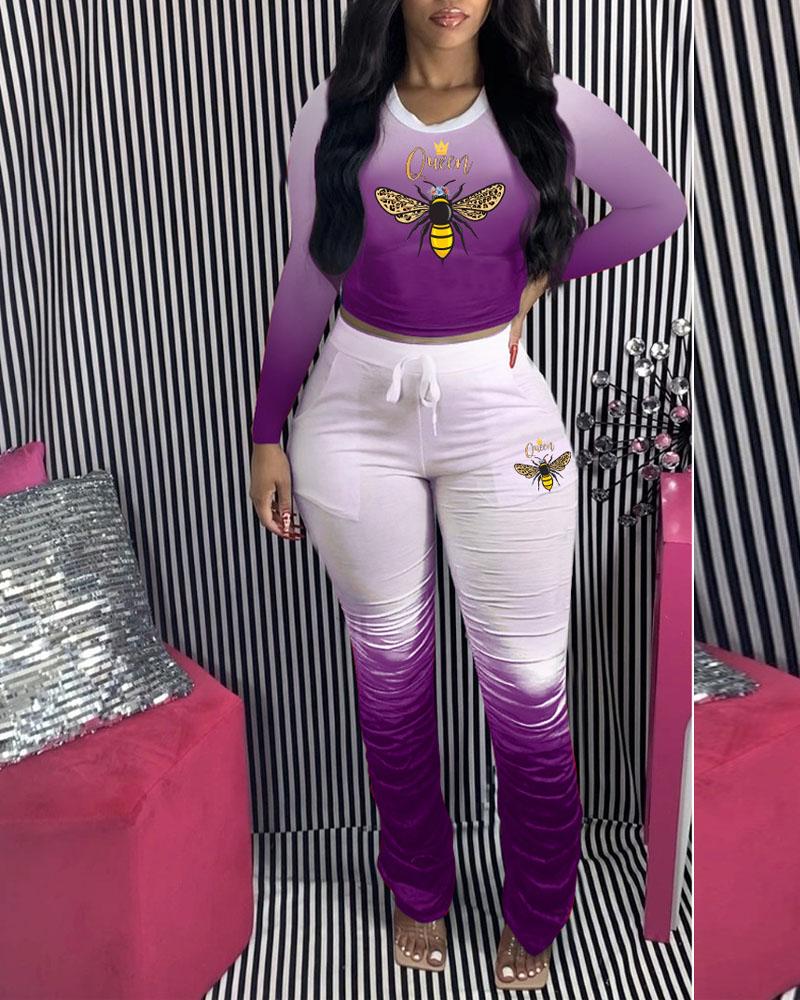 

Bee Print Ombre Crop Top & Stacked Pants Set, Purple