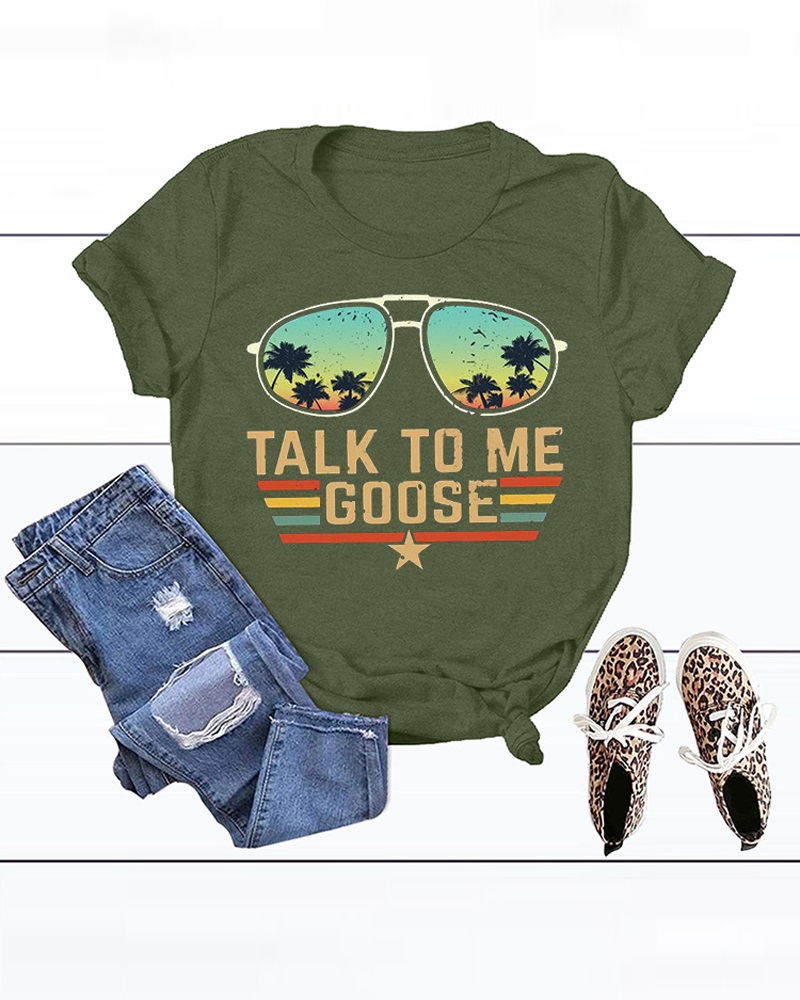 

Letter Print Short Sleeve Casual T-shirt, Green