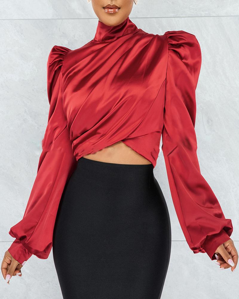 

Puff Lantern Sleeve High Neck Ruched Satin Top, Red