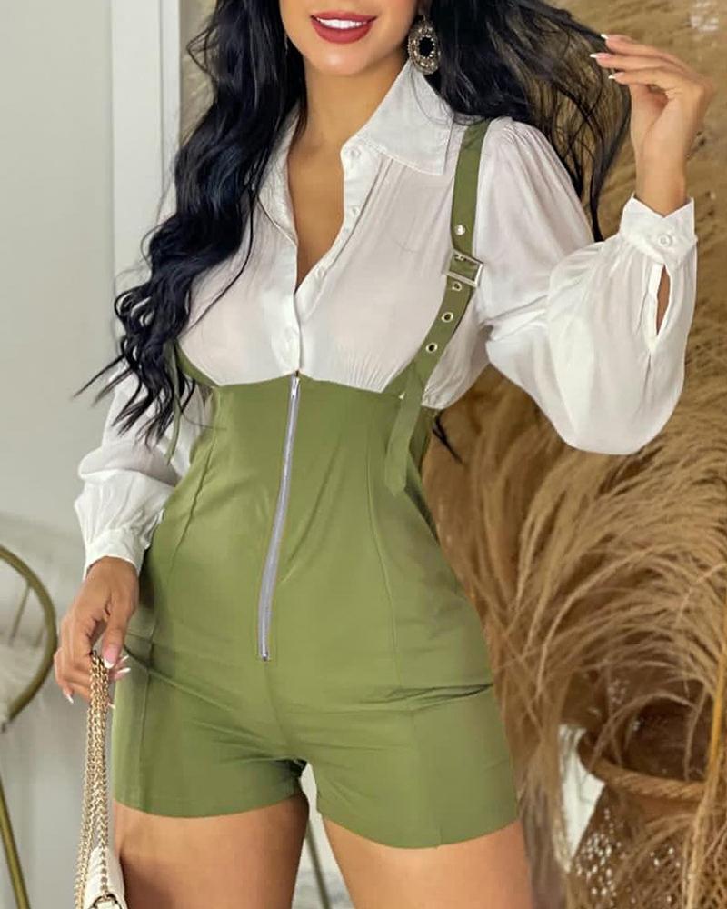 

Colorblock Zipper Design Buttoned Romper, Green