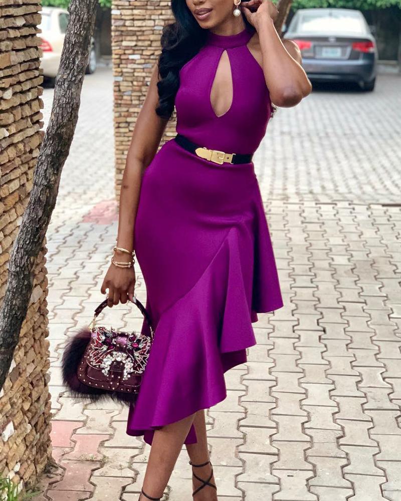 

Solid Keyhole Neckline Sleeveless Ruffle Hem Dress, Purple
