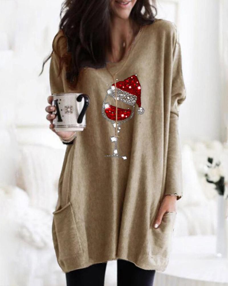

Christmas Graphic Print Pocket Design Casual Dress, Yellow