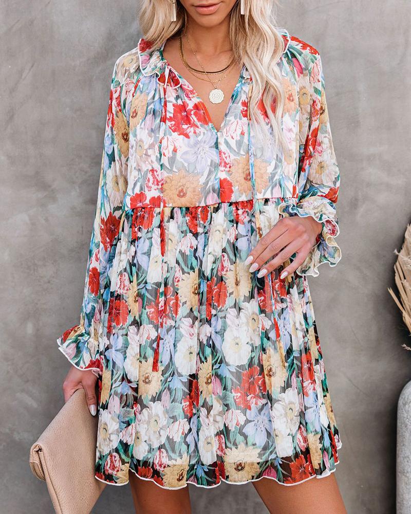 

Floral Print Ruched Long Sleeve Casual Dress, Multicolor