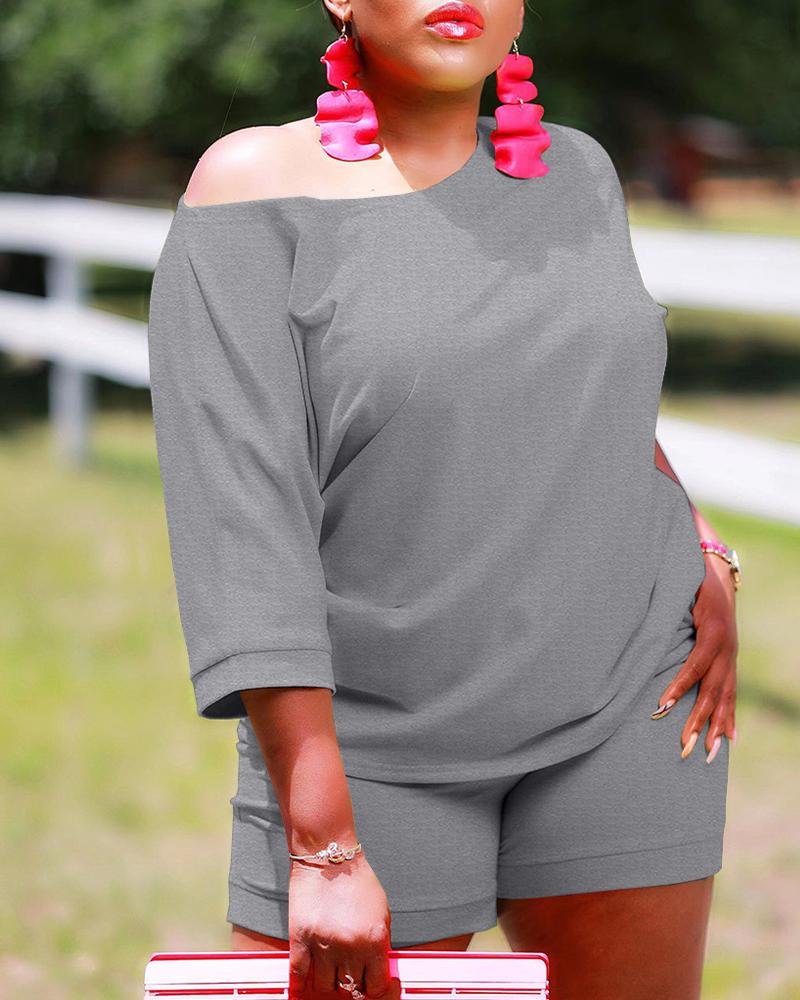 

Plain Casual Top & Shorts Set, Gray
