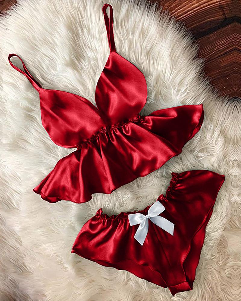 

Ruffles Bowknot Decor Spaghetti Strap Lingerie Set, Red