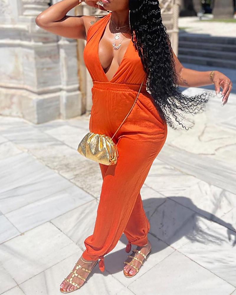 

Halter Tied Detail Plain Ruched Jumpsuit, Orange