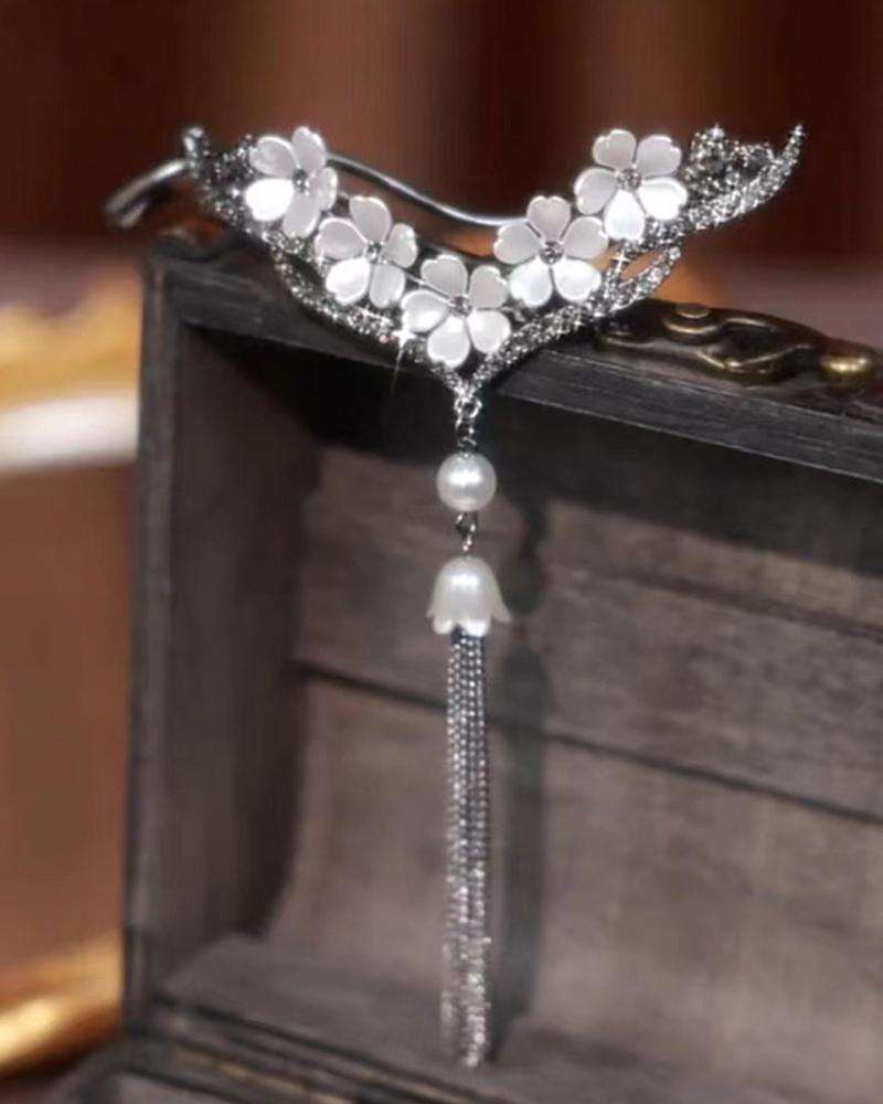 

1pc Sakura Twisted Pearl Tassel Design Hair Clip, Black