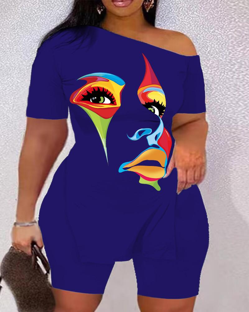 

Plus Size Abstract Figure Print Side Slit Top & Shorts Set, Blue