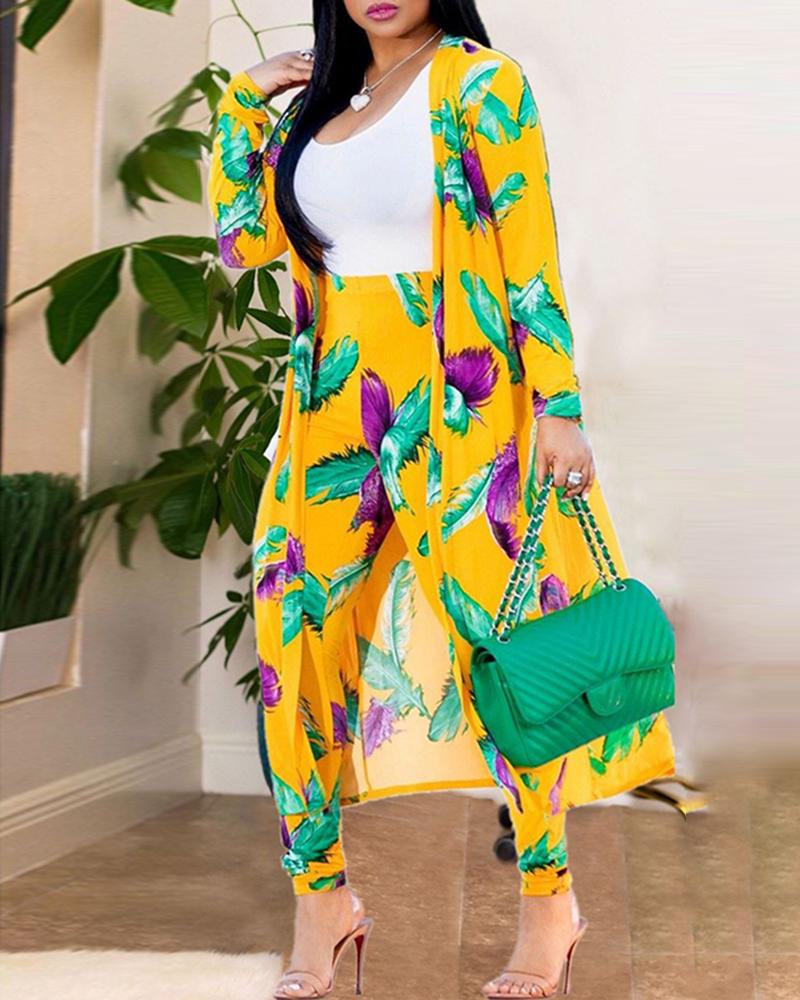 

Print Longline Coat & high Waist Pant Sets, Yellow