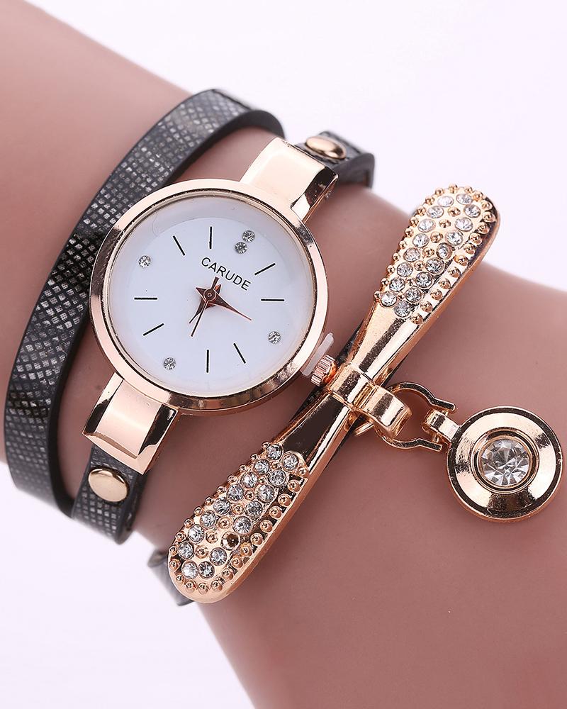 

Minimalist PU Leather Rhinestone Quartz Wrist Watch & Bracelet Set, Black