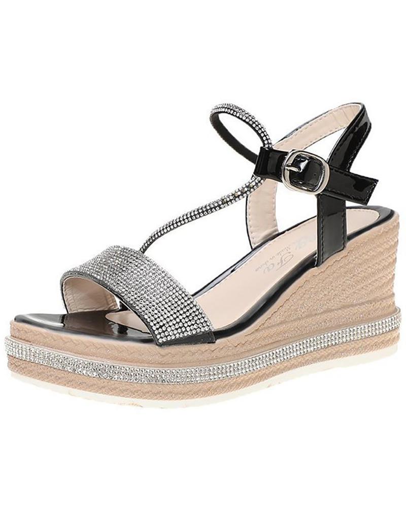 

Rhinestone Buckled Slingback Wedge Sandals, Black