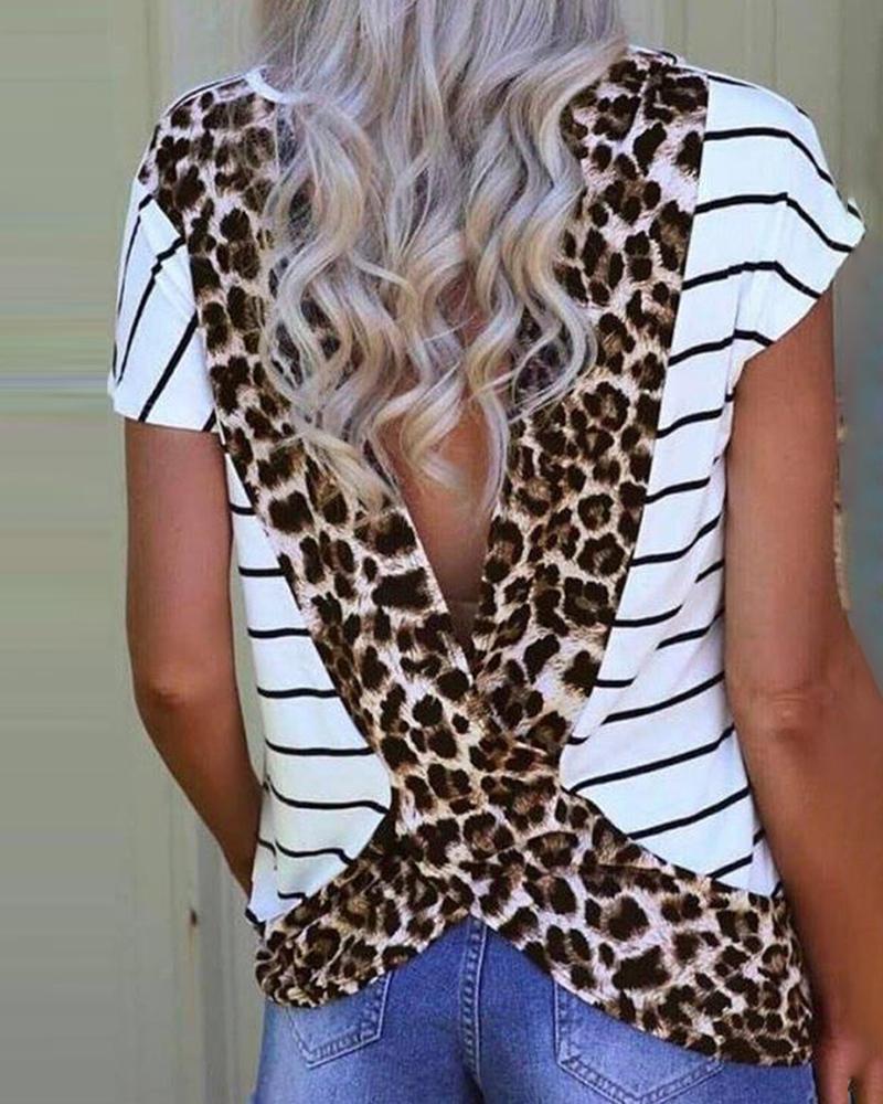 

Print Striped Backless Casual T-shirt, Leopard