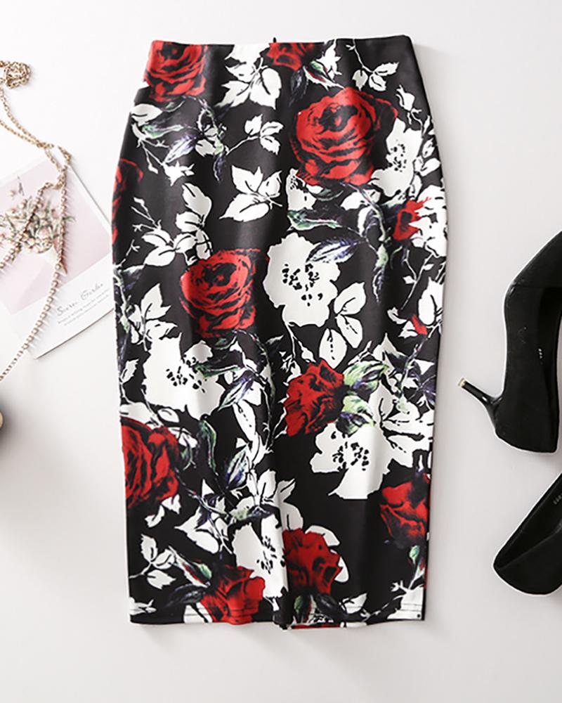 

Floral Print High Waist Pencil Skirt, Style1