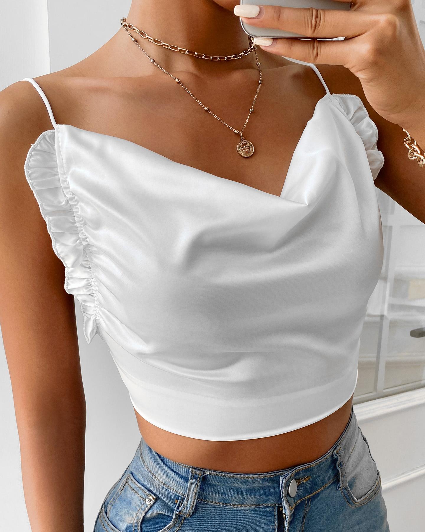 

Cowl Neck Frill Hem Satin Backless Top, White