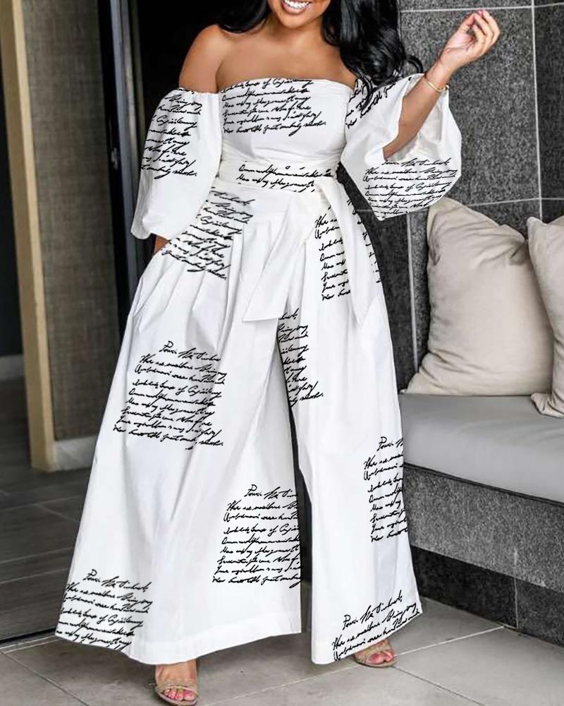 

Letter Print Off Shoulder Lantern Sleeve Wide Leg Jumpsuit, White