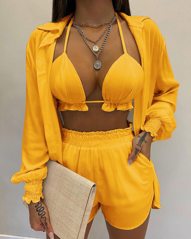 

Lantern Sleeve Shirt & Pocket Design Shorts Sets With Frill Hem Crop Top, Yellow
