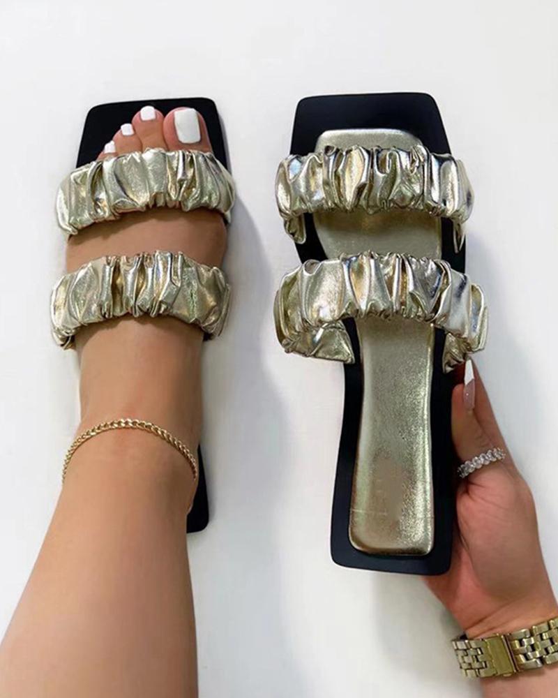 

Square-toe Solid Color Double Strap Flat Slippers, Gold
