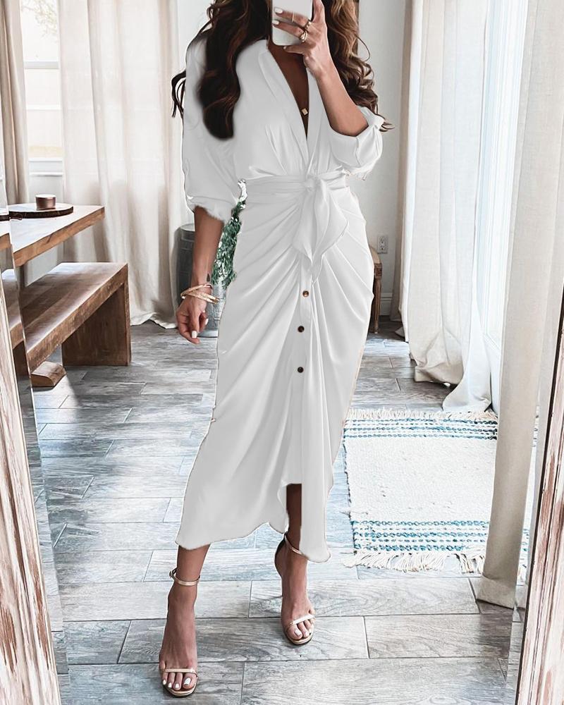 

High Slit Button Front Long Sleeve Shirt Dress, White