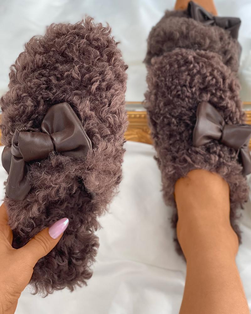 

Bowknot Decor Fluffy Casual Slippers, Coffee