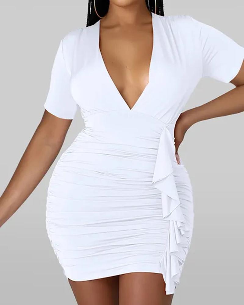 

Plunging Neck Draped Detail Ruched Bodycon Dress, White