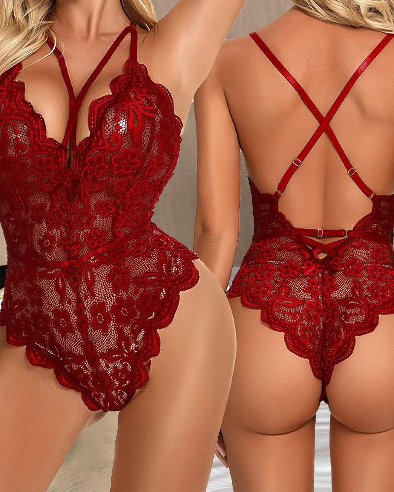 

Bowknot Decor Criss Cross Backless Lace Teddy, Wine red