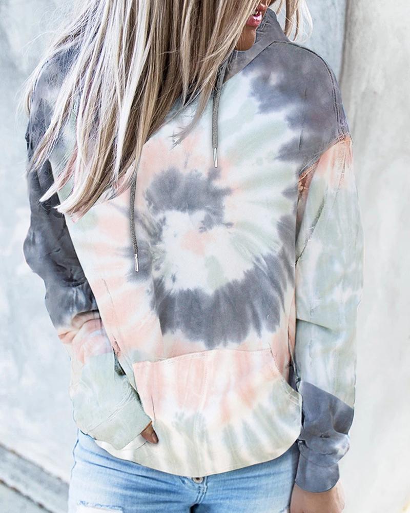 

Tie Dye Print Pocket Design Hooded Top, Gray